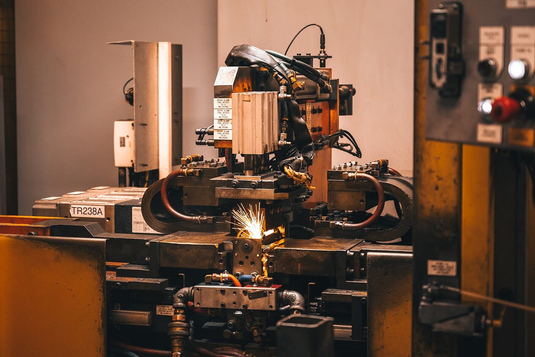 Automated projection welding cell in operation